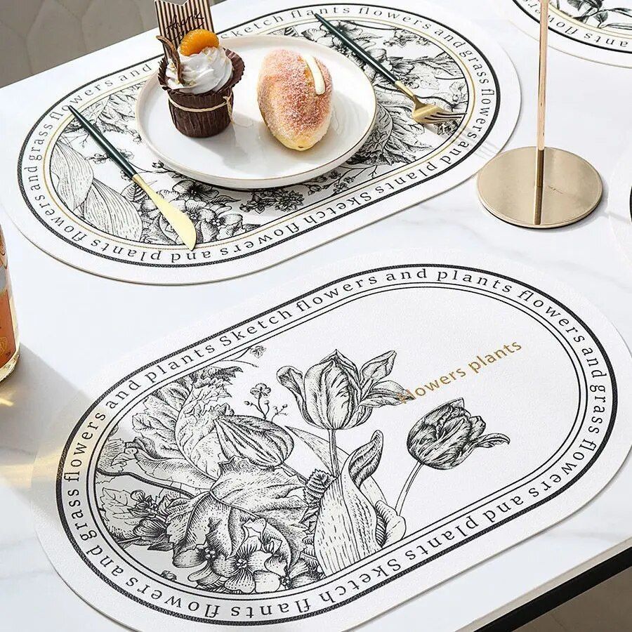 Stylish Nordic Black & White Floral Leather Placemat – Elegant, Waterproof, and Heat Resistant Dining Decor