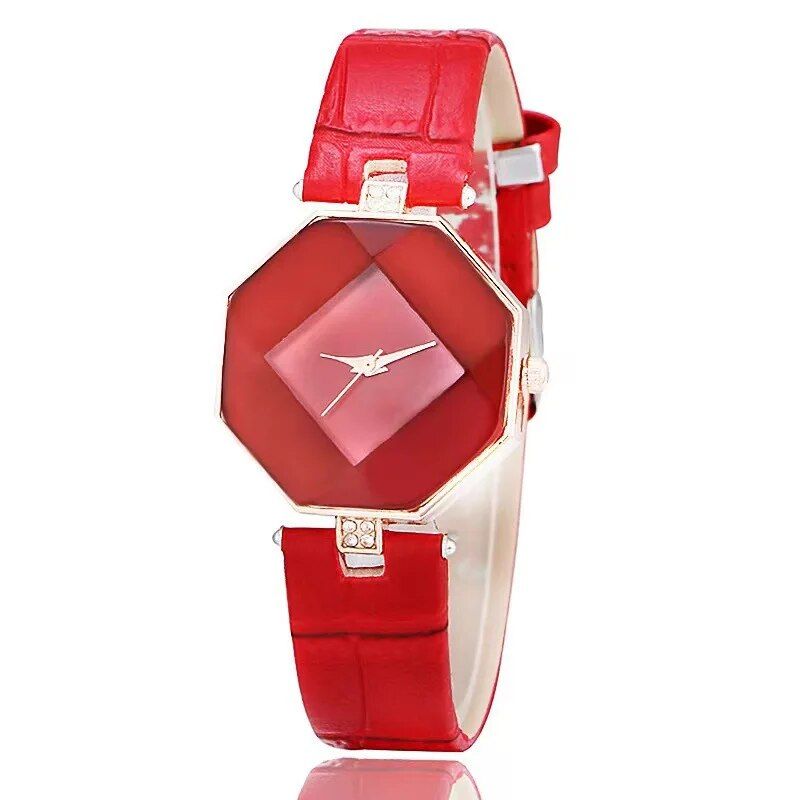 Elegant Gem Cut Geometry Crystal Leather Quartz Women's Watch