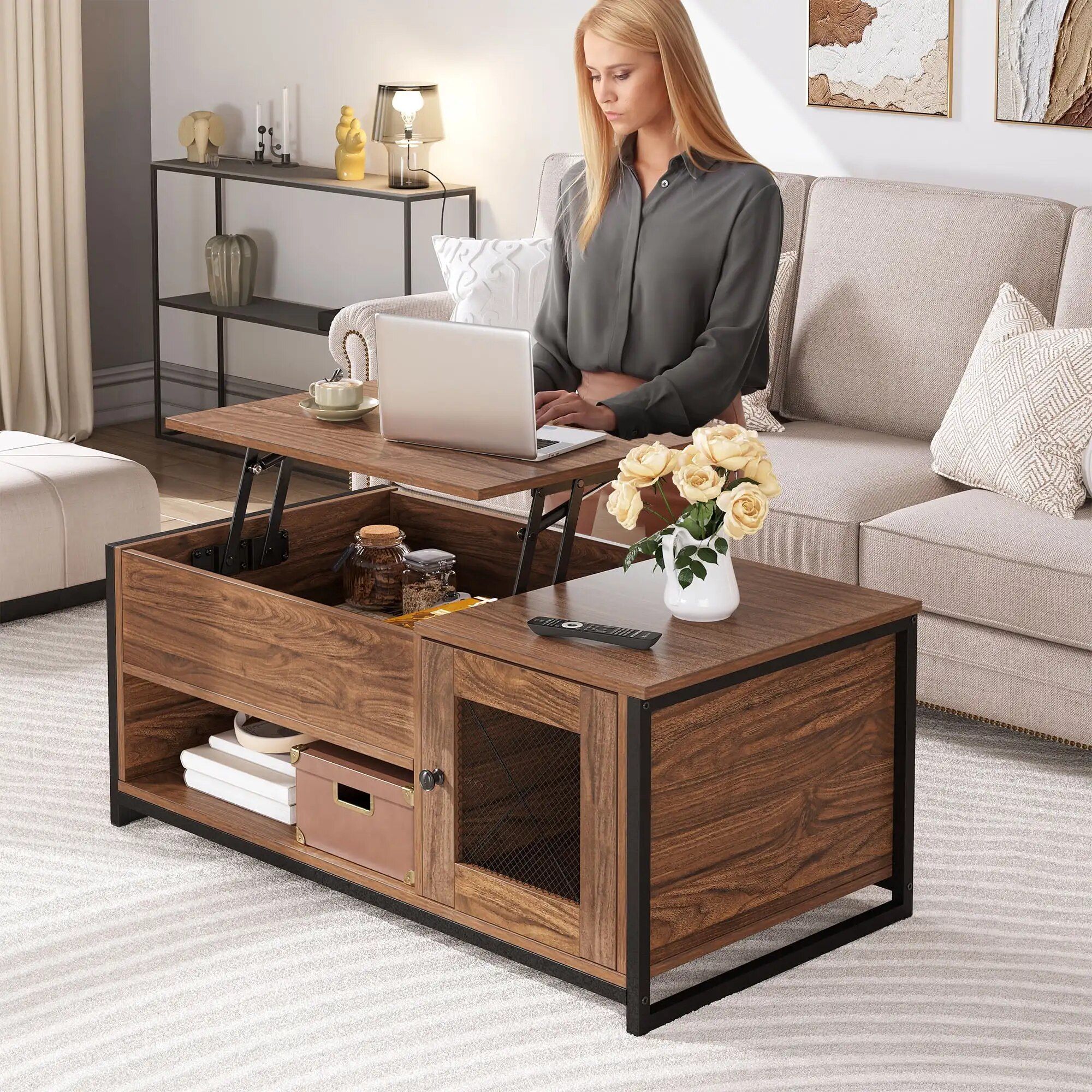 Modern Morocco Lift-Top Coffee Table with Hidden Storage, Brown