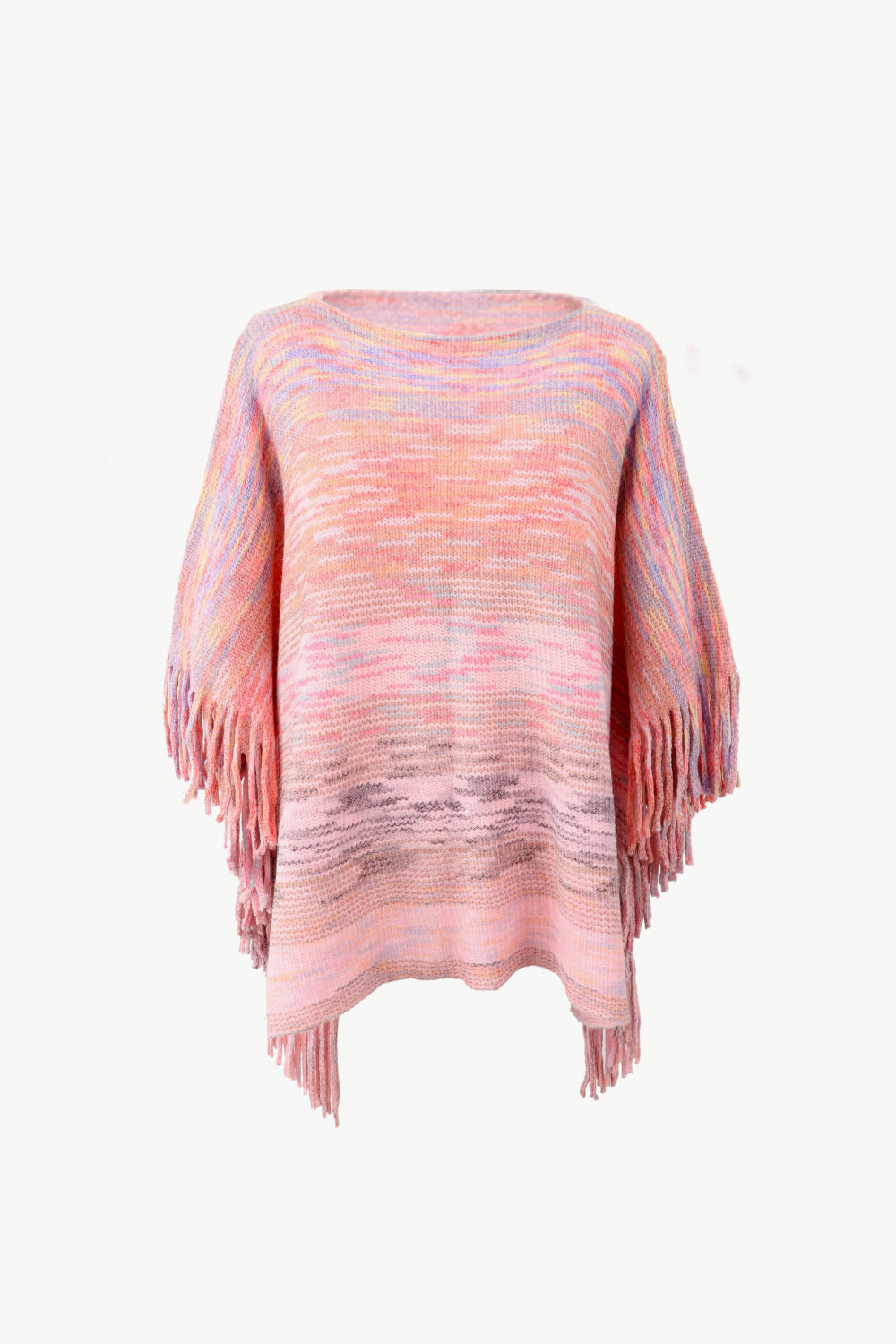 Heathered Boat Neck Fringed Poncho