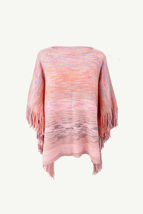 Heathered Boat Neck Fringed Poncho