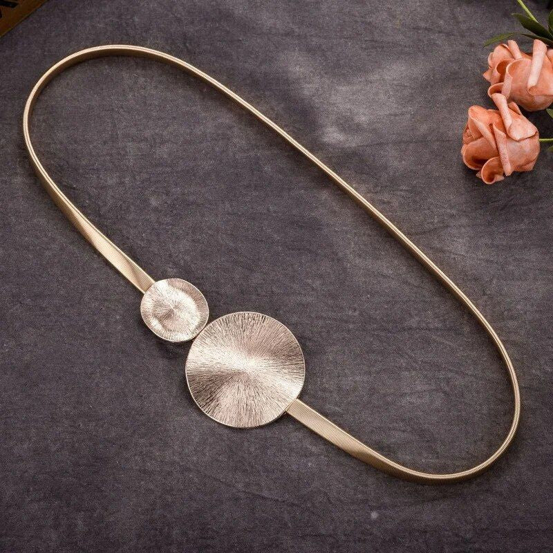 Elegant Elastic Metal Waist Belt with Geometric Leaf Buckle