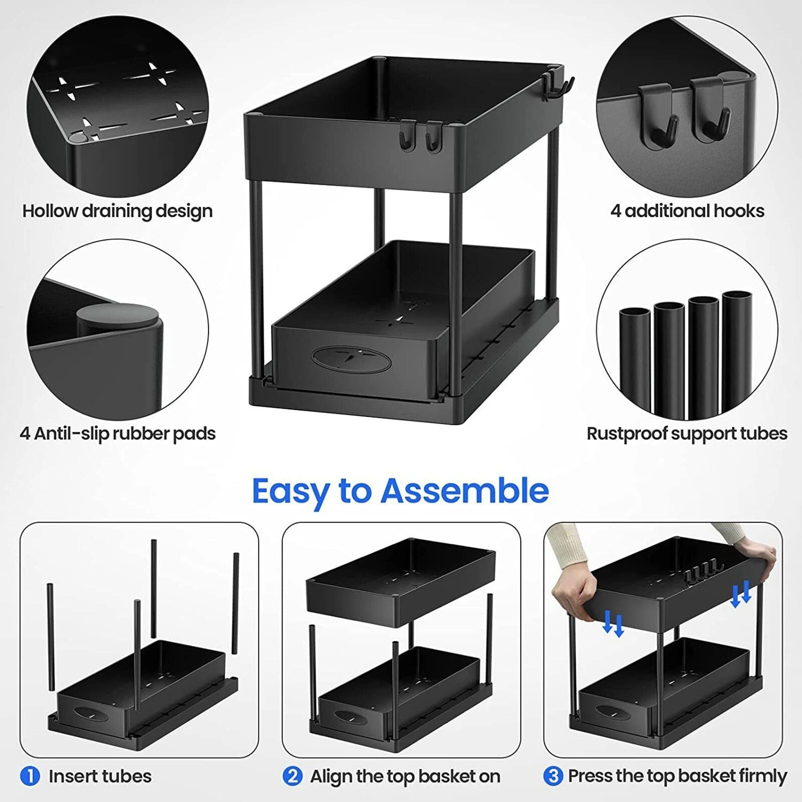 2-Tier Sliding Under-Sink Organizer - Multipurpose ABS Kitchen Storage Rack