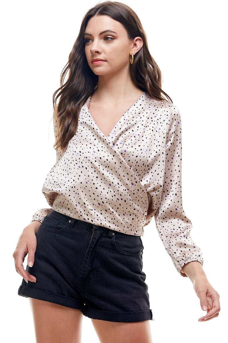 Small Dot Printed Surplice Wrap Blouse Top