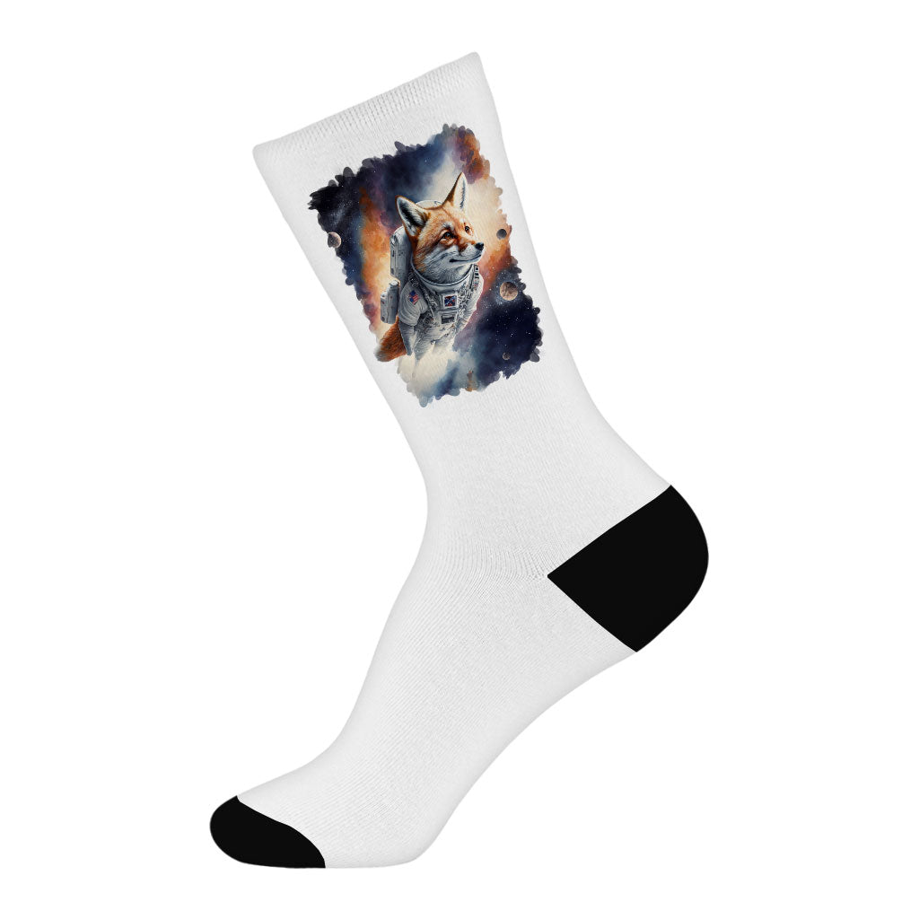 Cute Space Socks - Cute Fox Novelty Socks - Illustration Crew Socks