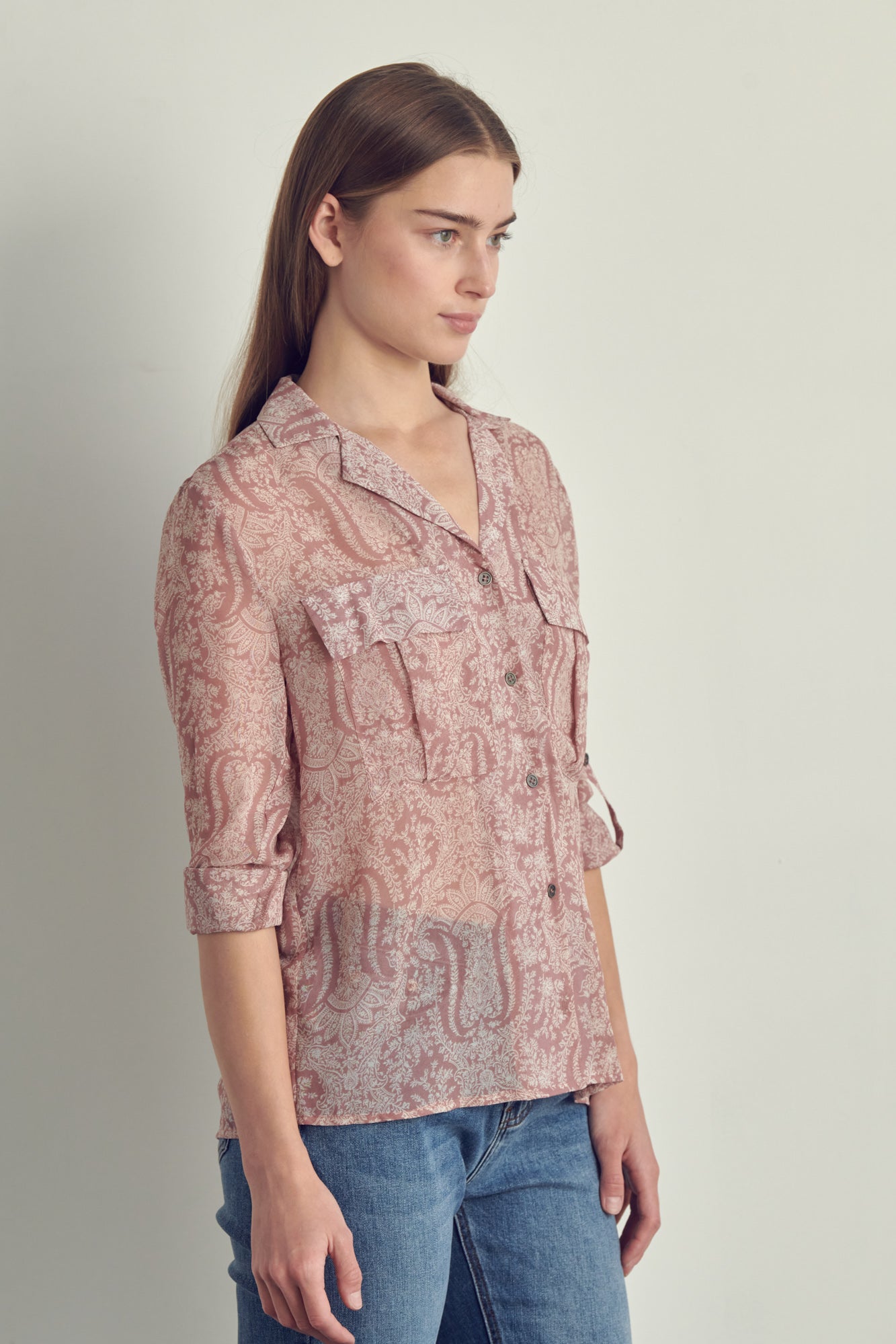 Draped front swirl print blouse