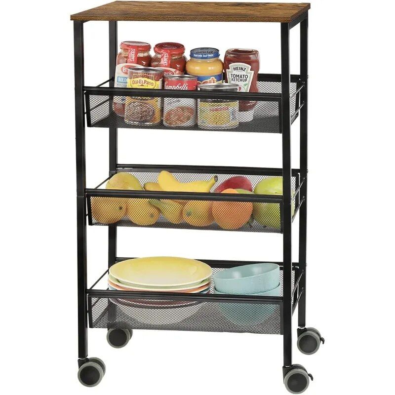 4-Tier Rolling Kitchen Storage Cart with Wooden Shelves & Lockable Wheels