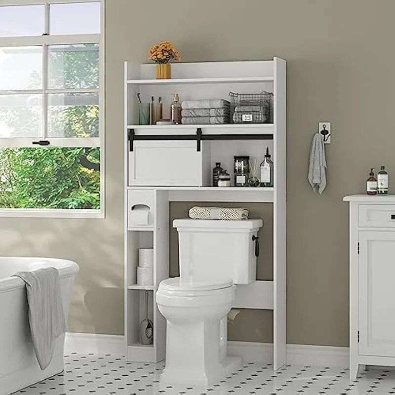 Elegant White 6-Tier Over-The-Toilet Storage Cabinet with Sliding Barn Door