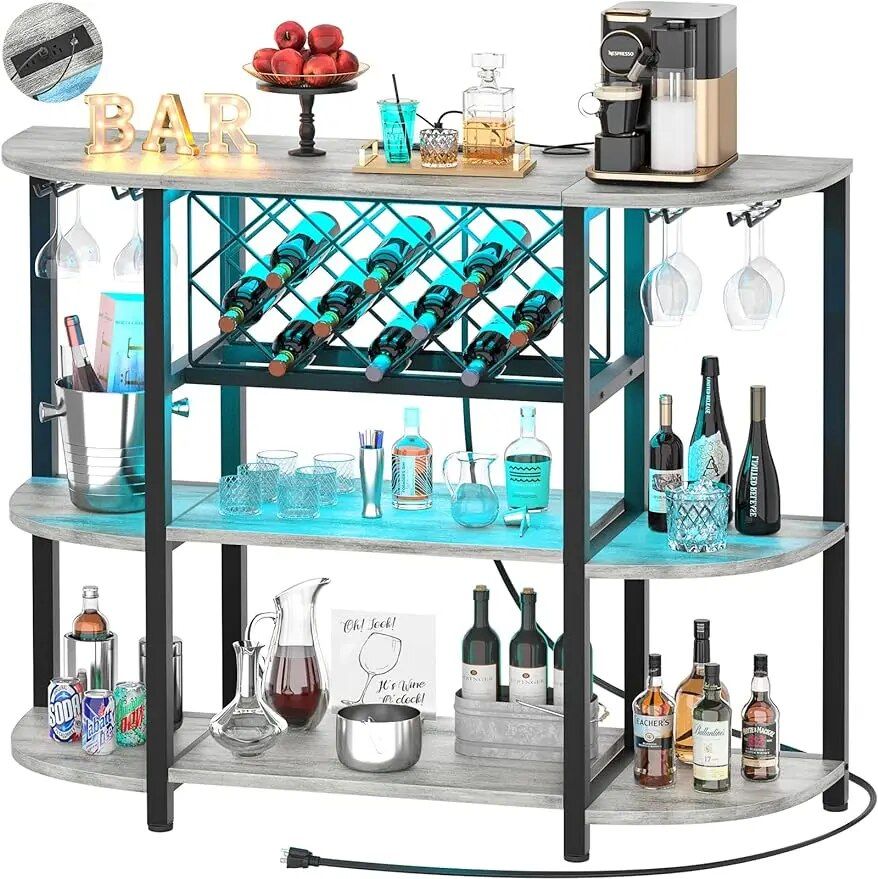 4-Tier Metal Coffee Bar Cabinet with Integrated Power Outlets and LED Lighting