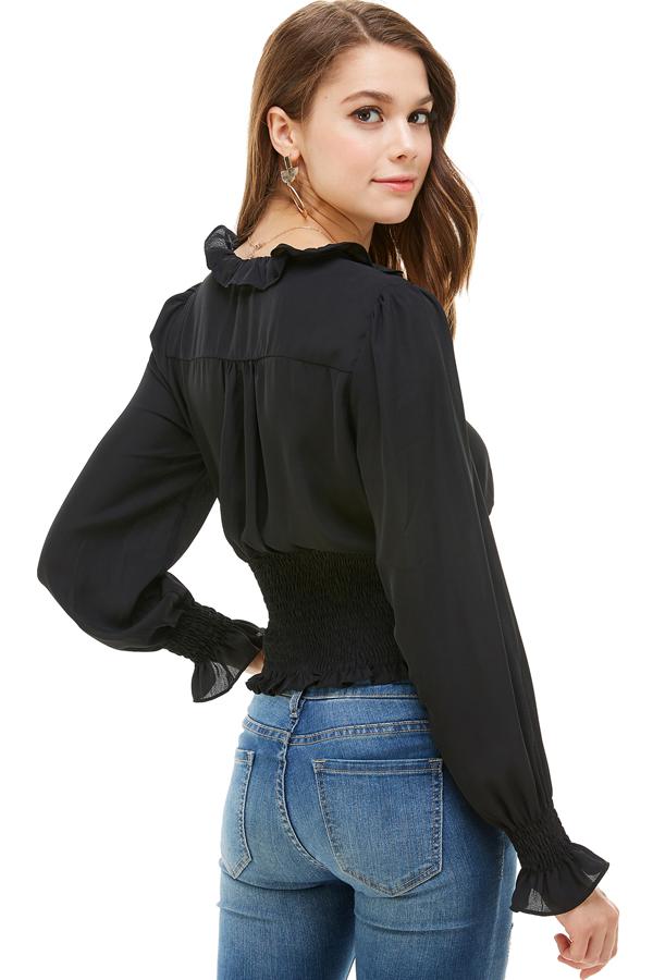 Ruffle Neck Smock Waist Long Sleeve Blouse