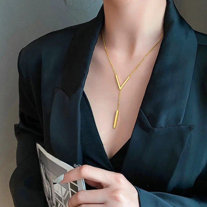 Gold-Toned V-Shaped Clavicle Necklace for Women