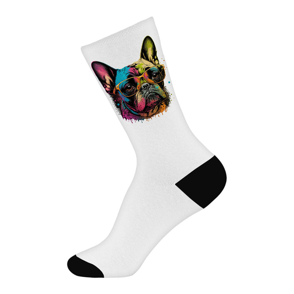 French Bulldog Socks - Dog With Glasses Novelty Socks - Colorful Crew Socks