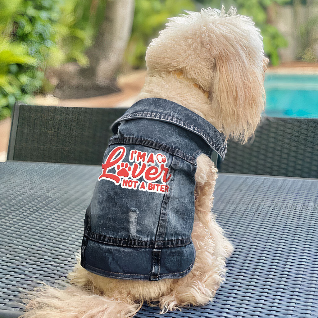 I'm a Lover Not a Biter Dog Denim Vest - Funny Dog Denim Jacket - Phrase Dog Clothing