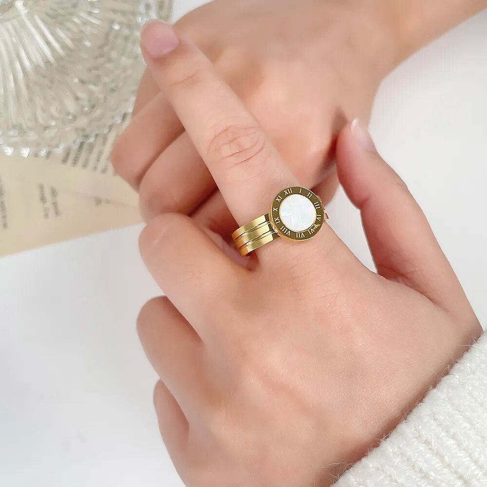 Elegant Stainless Steel Roman Acrylic Shell Ring for Women