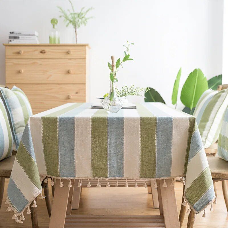 Green Striped Cotton Linen Tablecloth with Tassel Hem