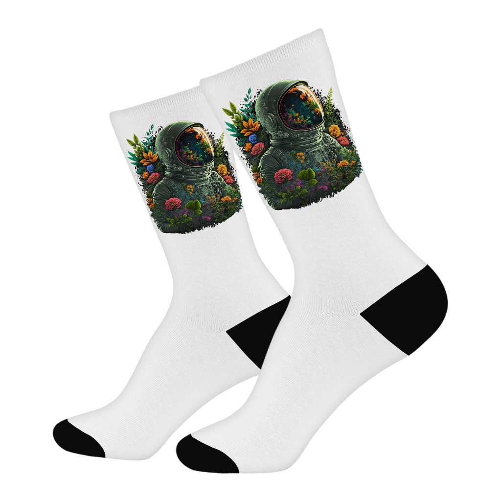 Astronaut Design Socks - Flower Novelty Socks - Cute Design Crew Socks