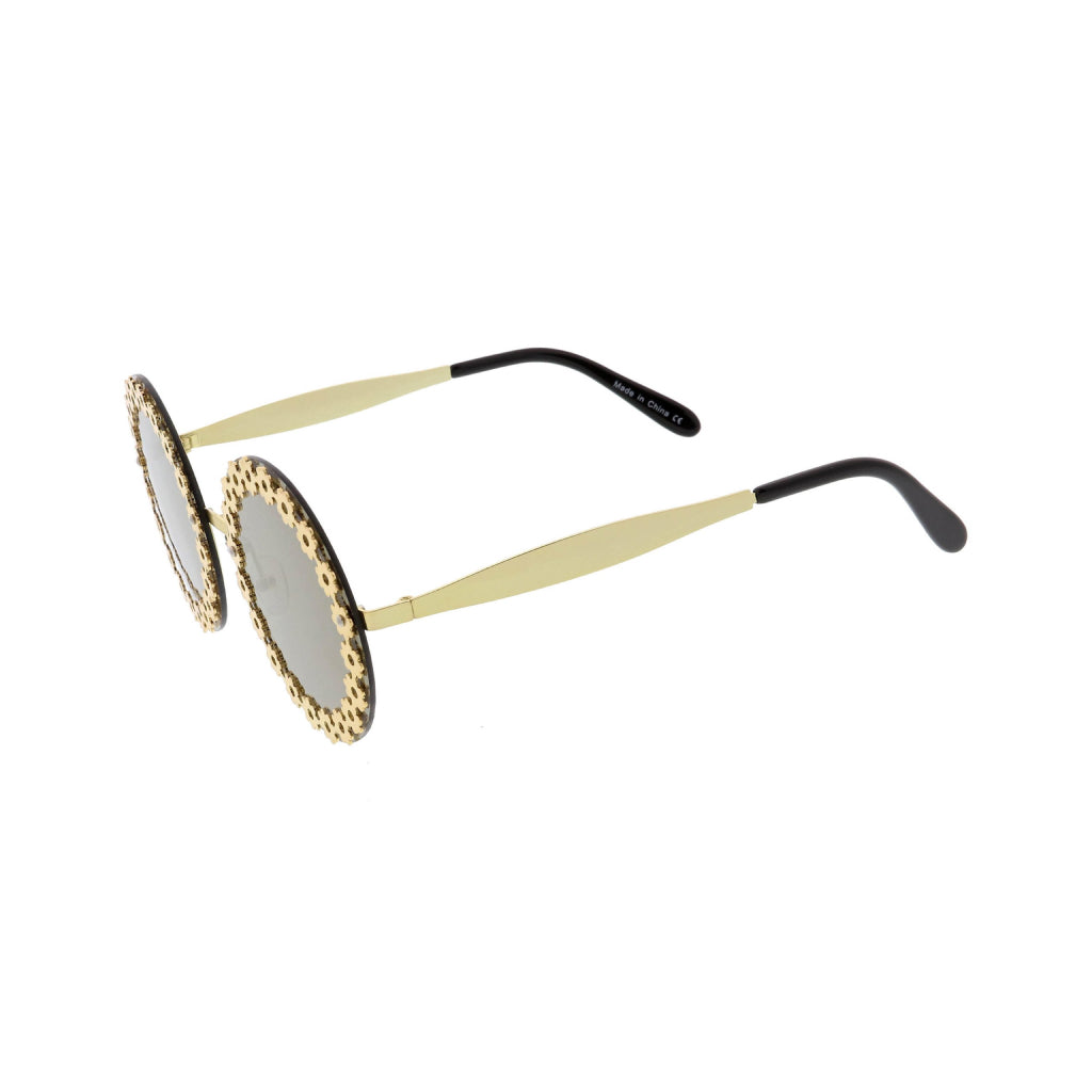 Gold Women’s Round Floral-Trim Sunglasses