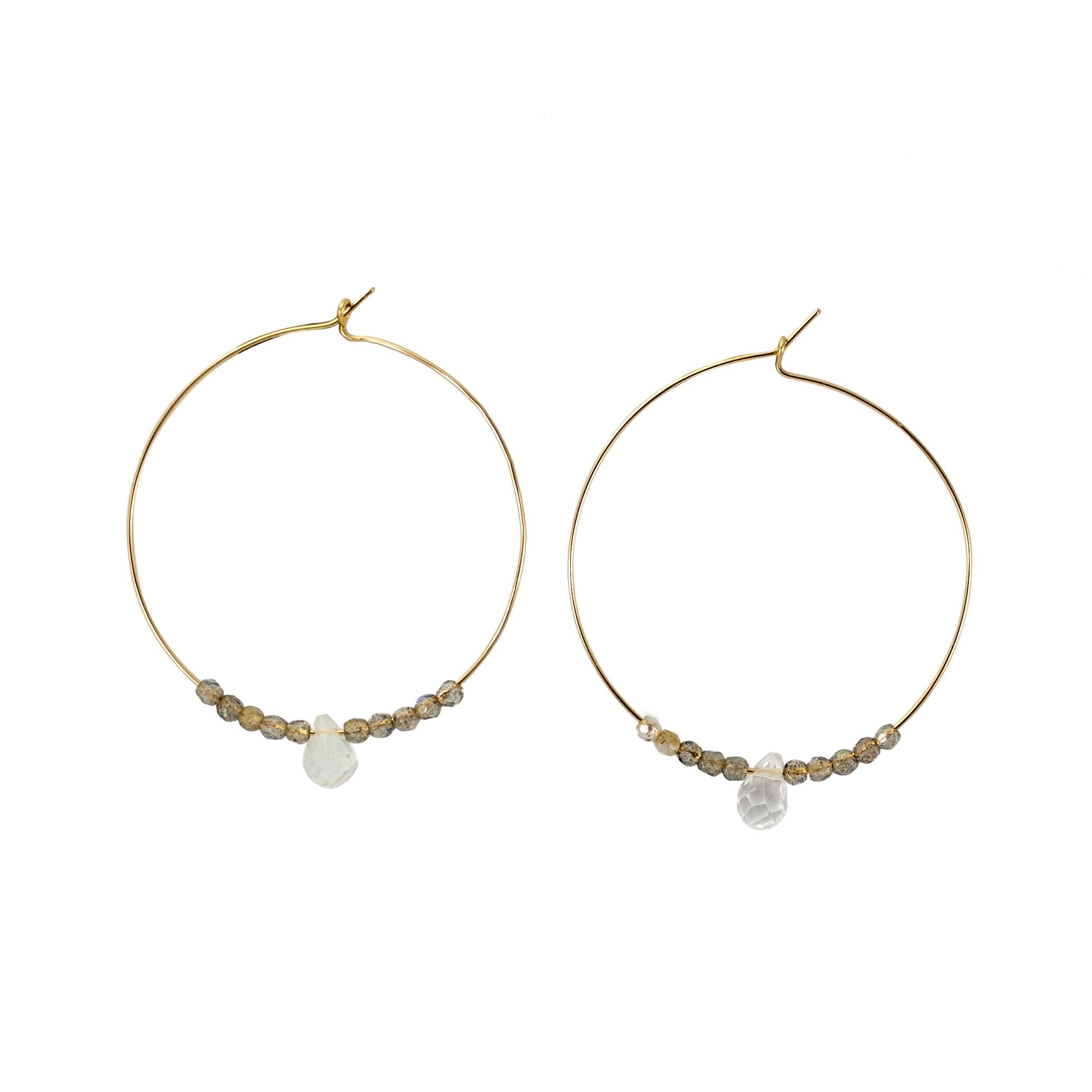 14k Gold Filled Labradorite & Quartz Beaded Hoop Earrings