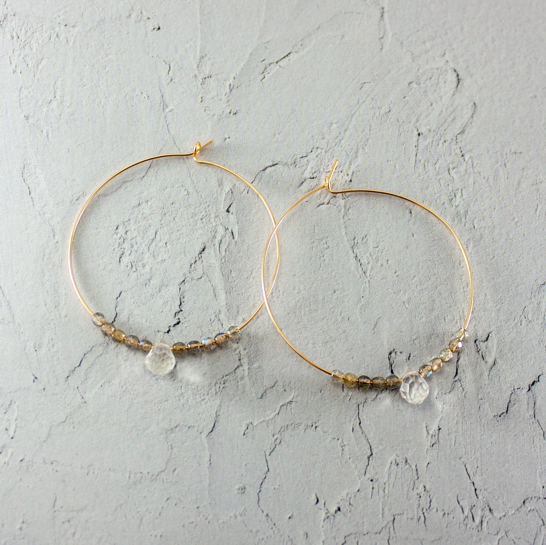 14k Gold Filled Labradorite & Quartz Beaded Hoop Earrings