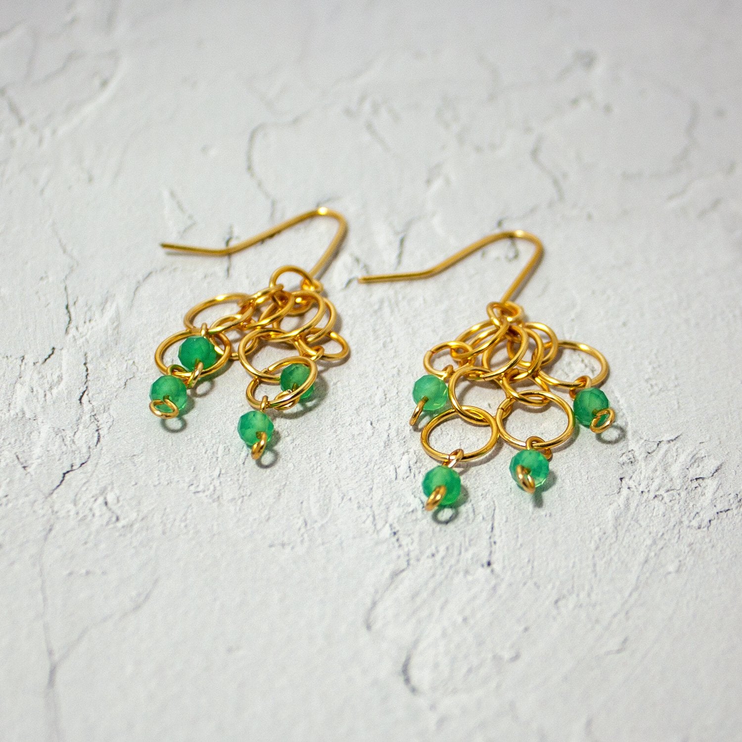 Green Agate Gold Hoops Cluster Fishhook Earrings