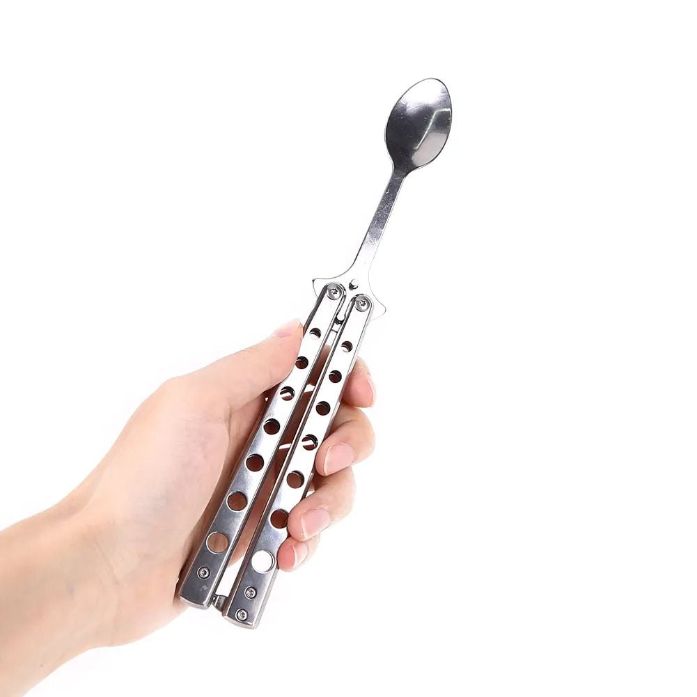 Stainless Steel Balisong Tableware: Folding Spoon & Fork Trainer