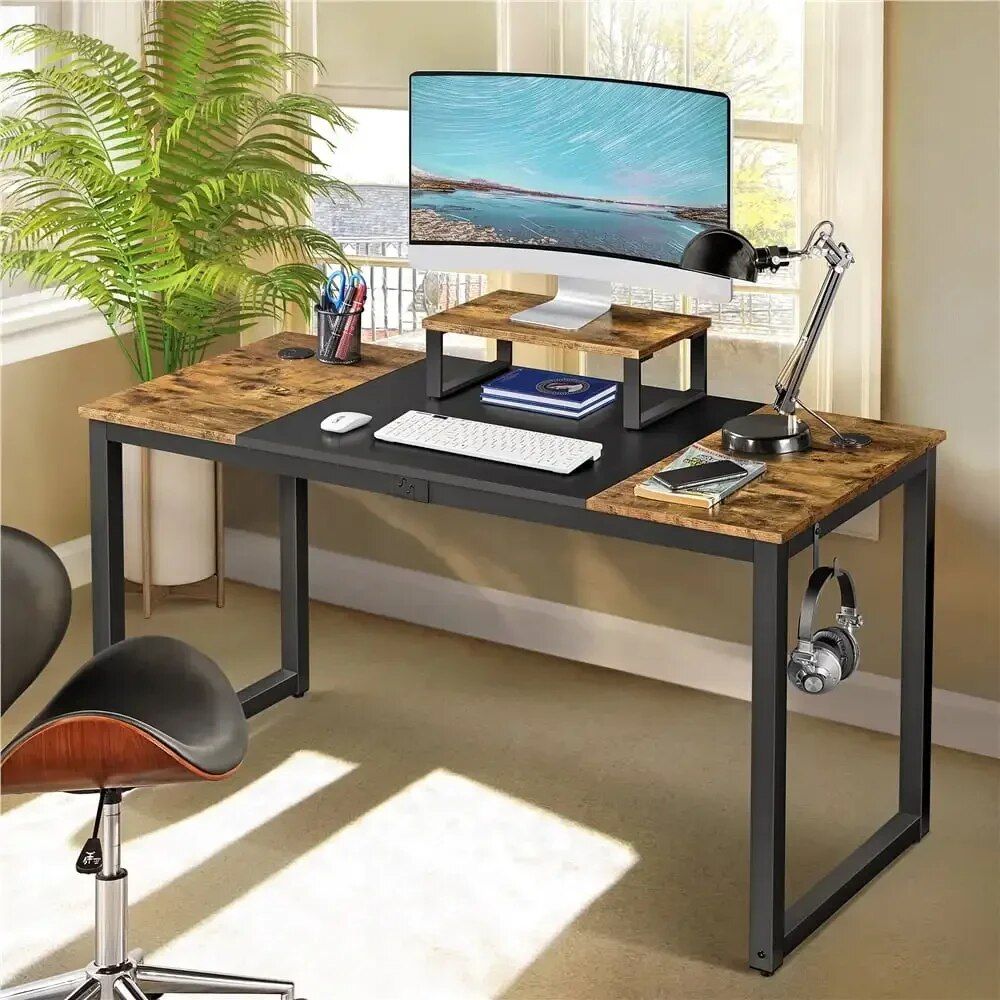 Industrial-Style Rustic Brown & Black Computer Desk with Monitor Stand