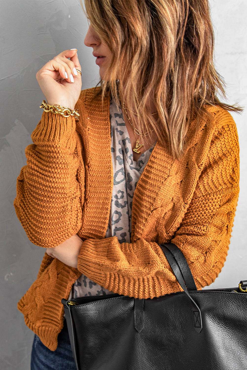 Dropped Shoulder Cable-Knit Open Front Cardigan