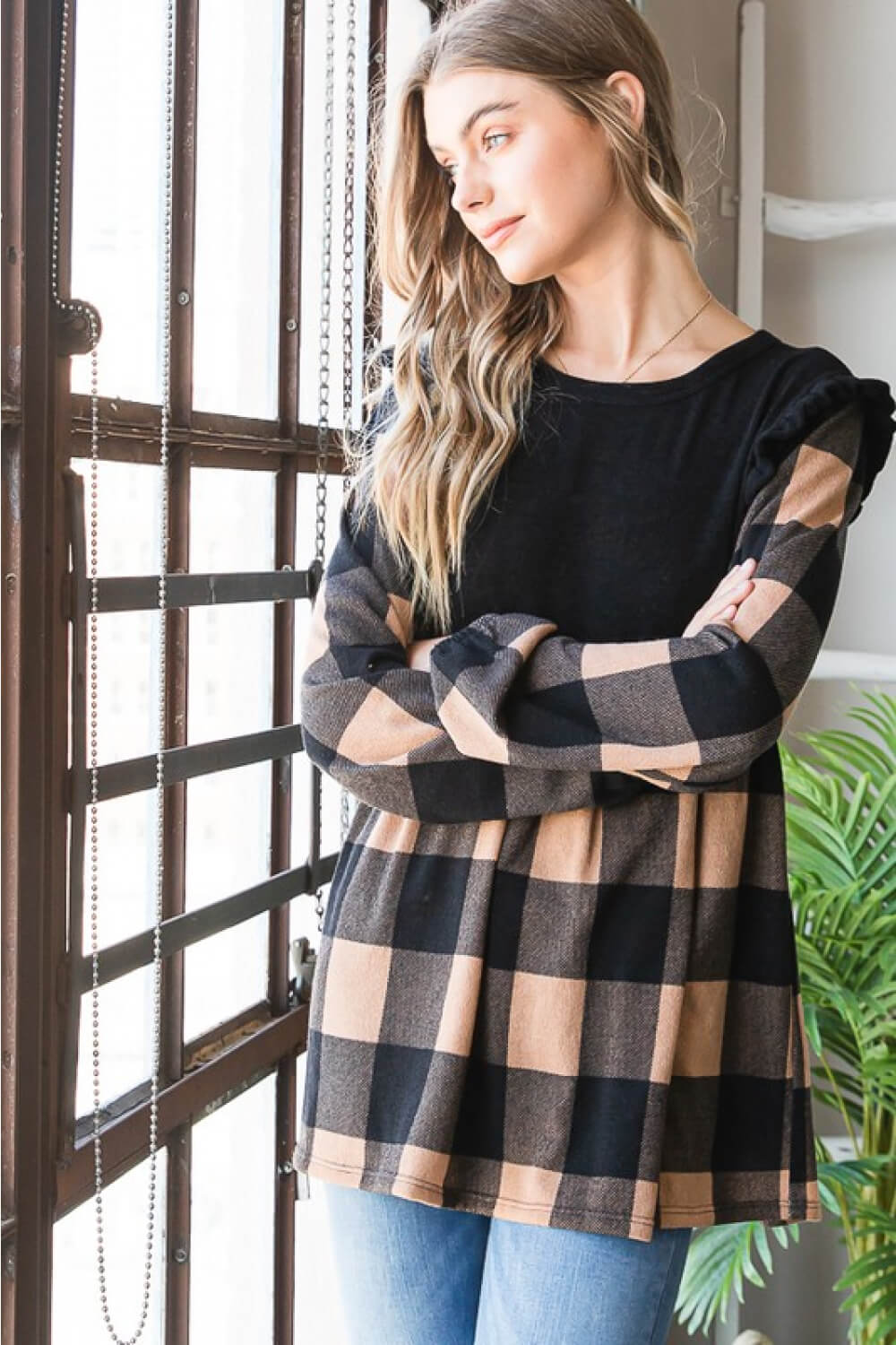 Plaid Contrast Ruffle Shoulder Babydoll Top