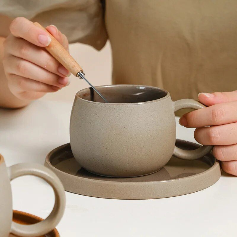 Japanese Style Ceramic Coffee Cup Set - Retro Rough Pottery Mugs and Plates for Afternoon Tea and Breakfast