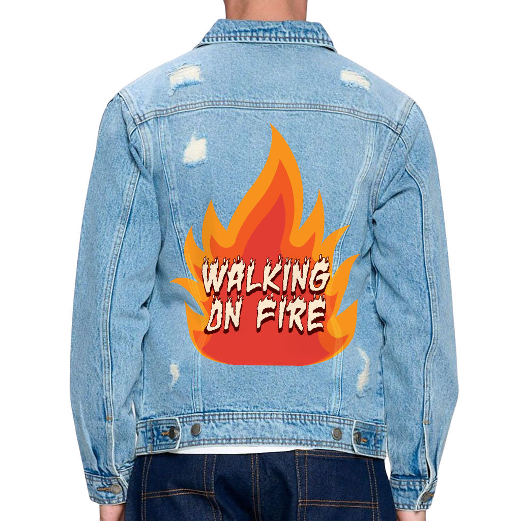 Fire Graphic Men's Distressed Denim Jacket - Cool Design Denim Jacket for Men - Illustration Denim Jacket