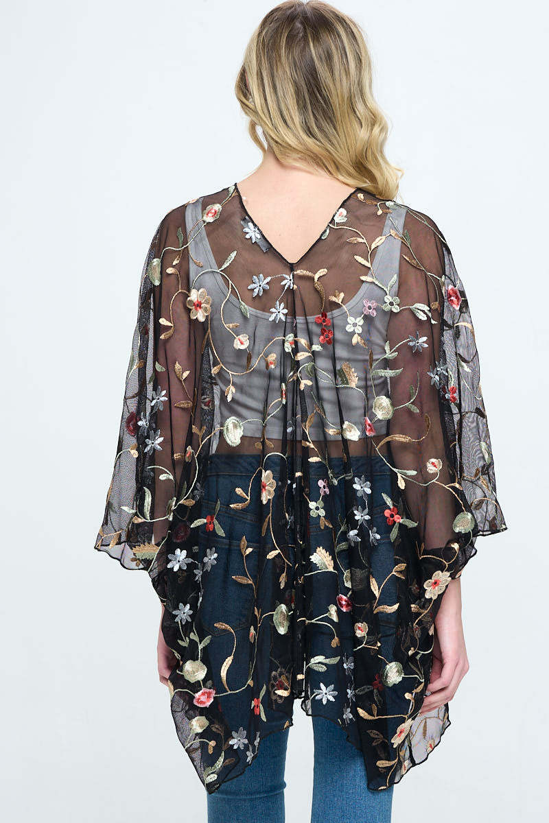 Floral embroidered mesh oversized kimono