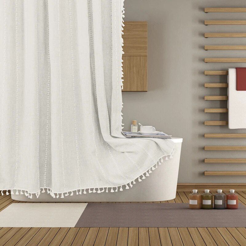 Luxurious Boho-Chic Striped Linen Cotton Shower Curtain with Tassels and Hooks