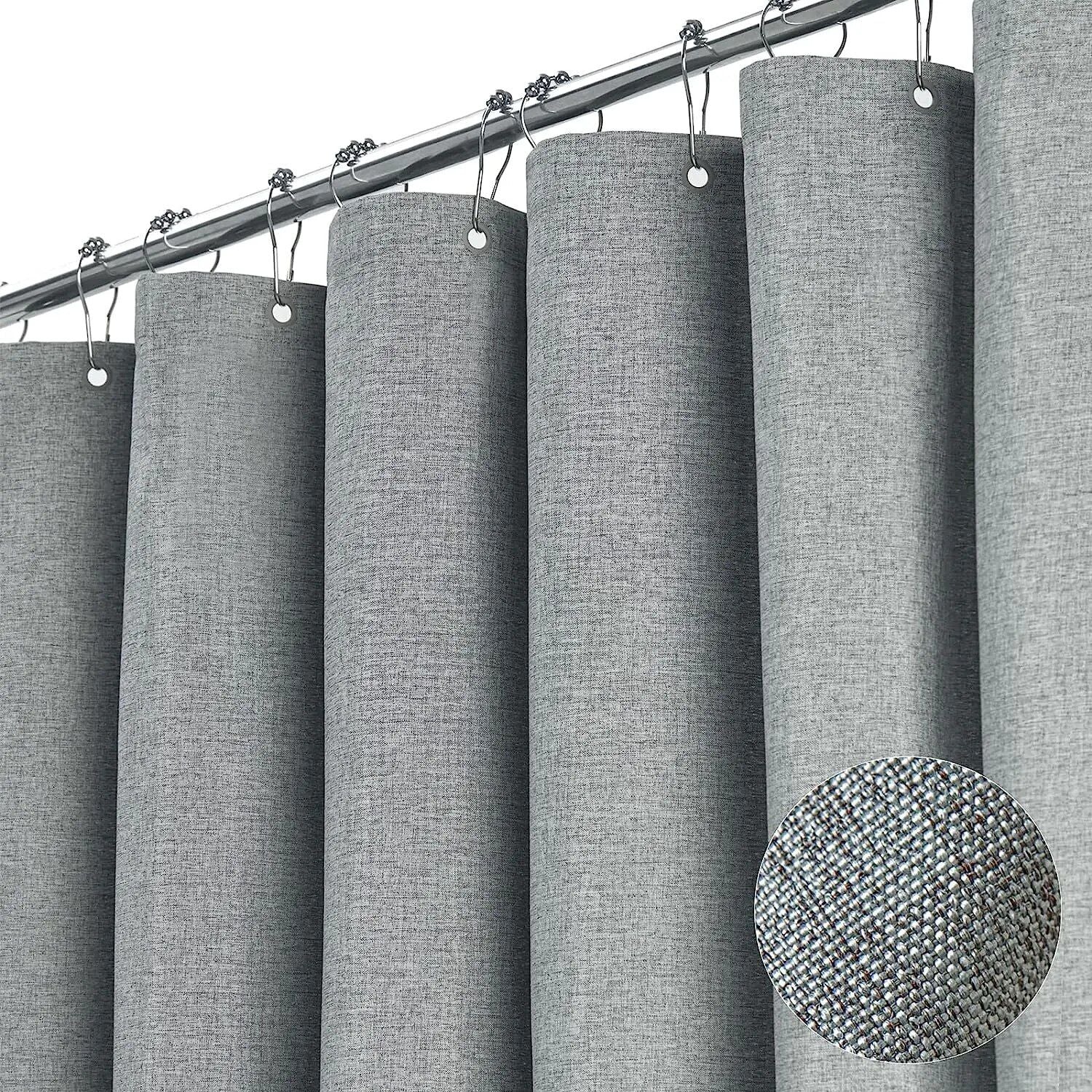 Luxury Waterproof Linen-Texture Shower Curtain with Silver Hooks