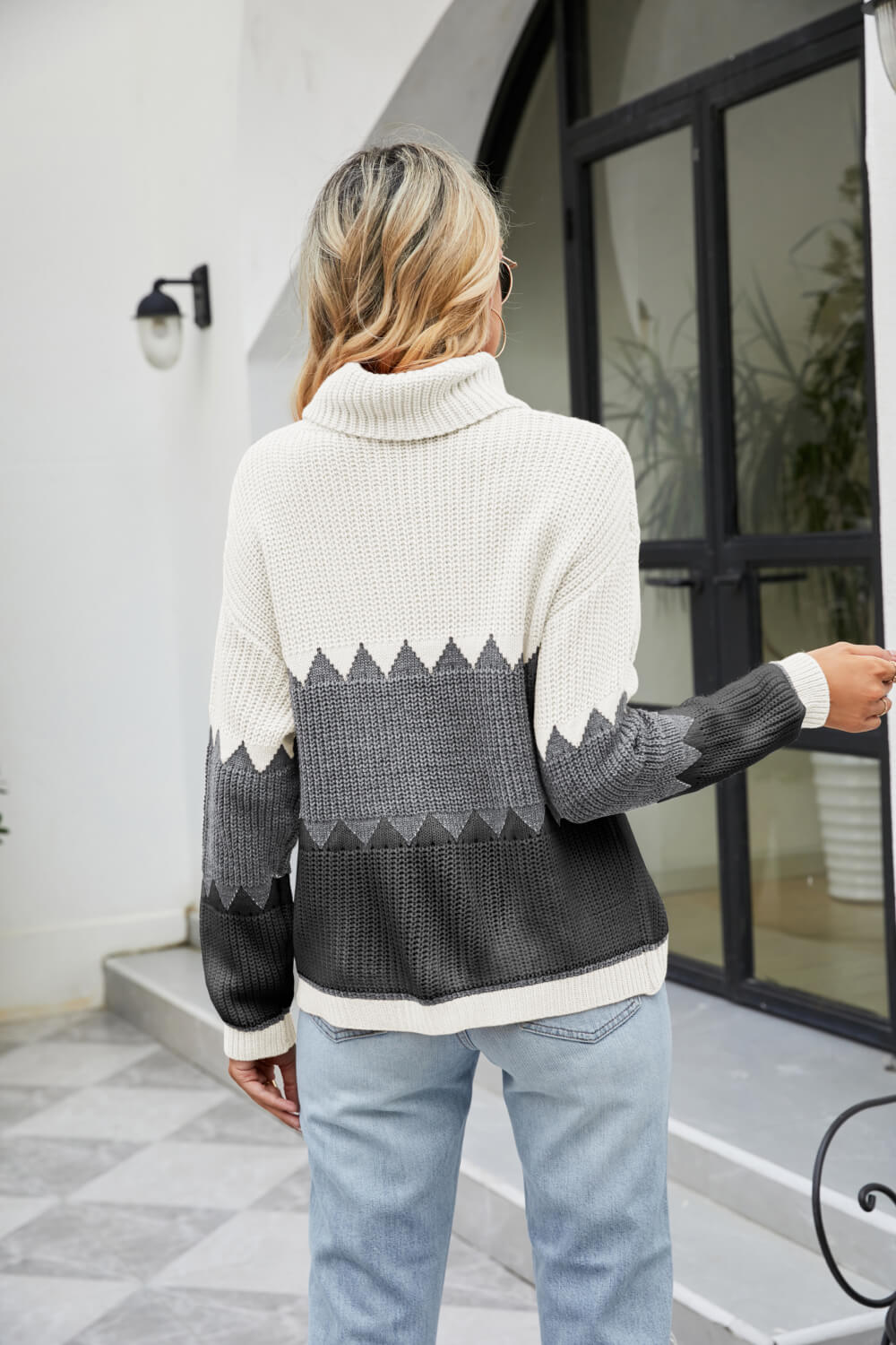 Color Block Rib-Knit Turtleneck Dropped Shoulder Women's Sweater