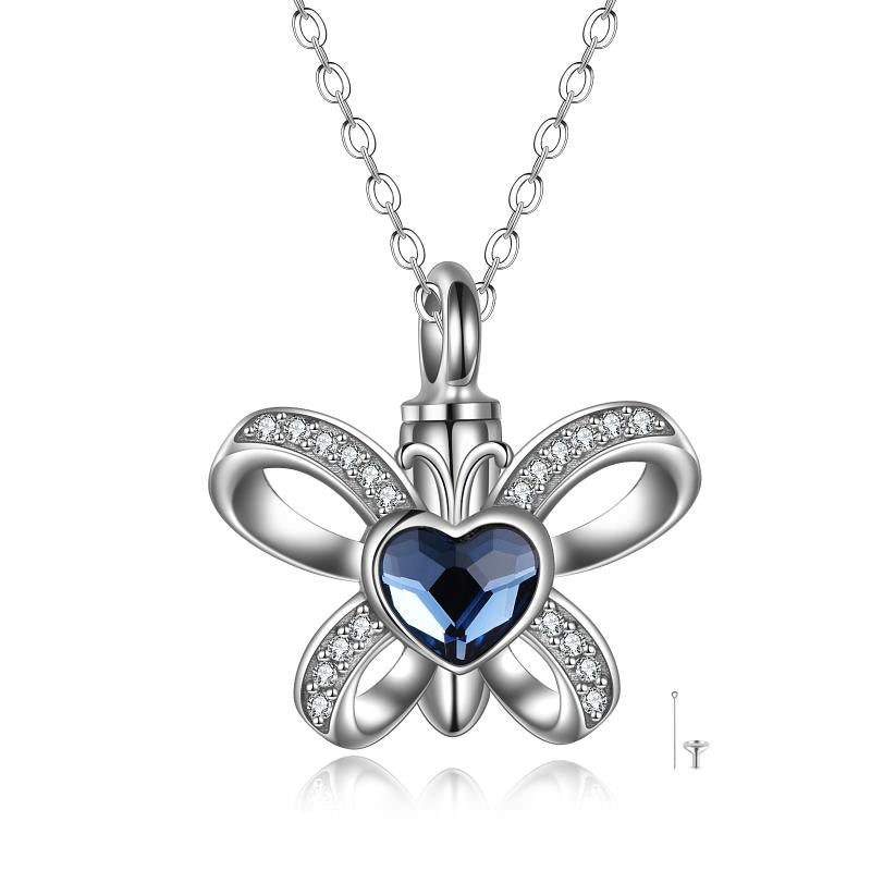 Sterling Silver Butterfly Heart Crystal Urn Necklace Cremation Memory