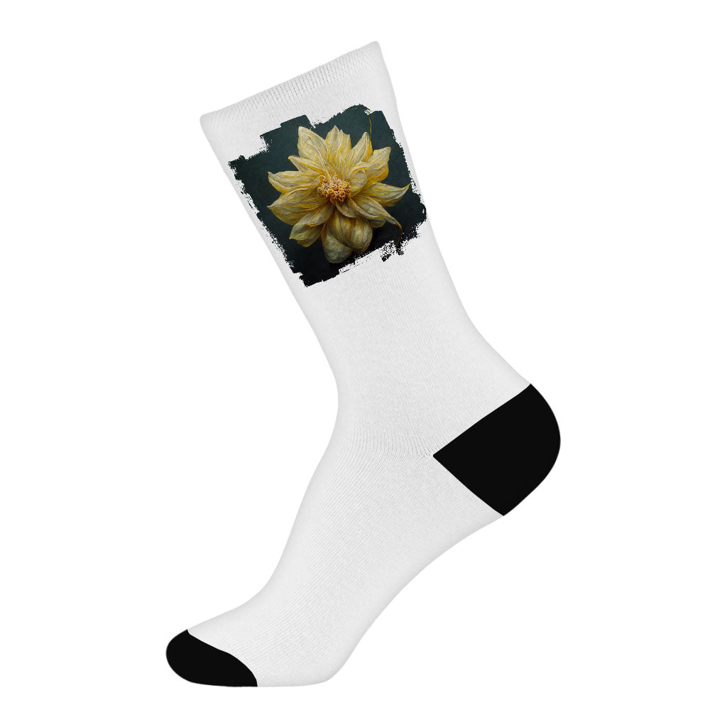 Dahlia Flower with Leaves Socks - Botanical Novelty Socks - Colorful Crew Socks