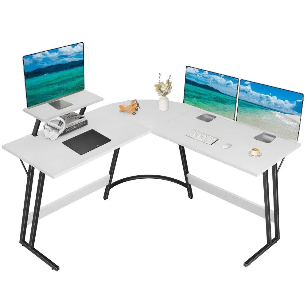 Sleek White L-Shape Home Office Computer Desk with Movable Monitor Stand