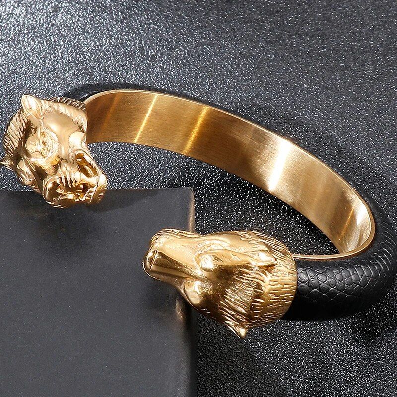 Gold-Plated Stainless Steel Lion Head Cuff Bracelet