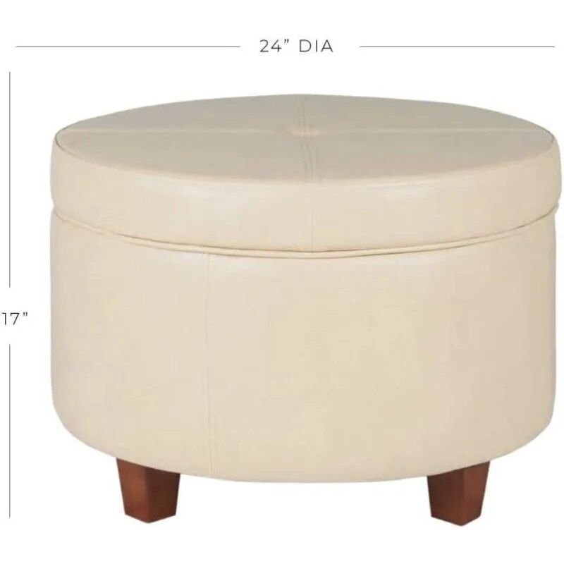 Elegant Ivory Leatherette Round Storage Ottoman