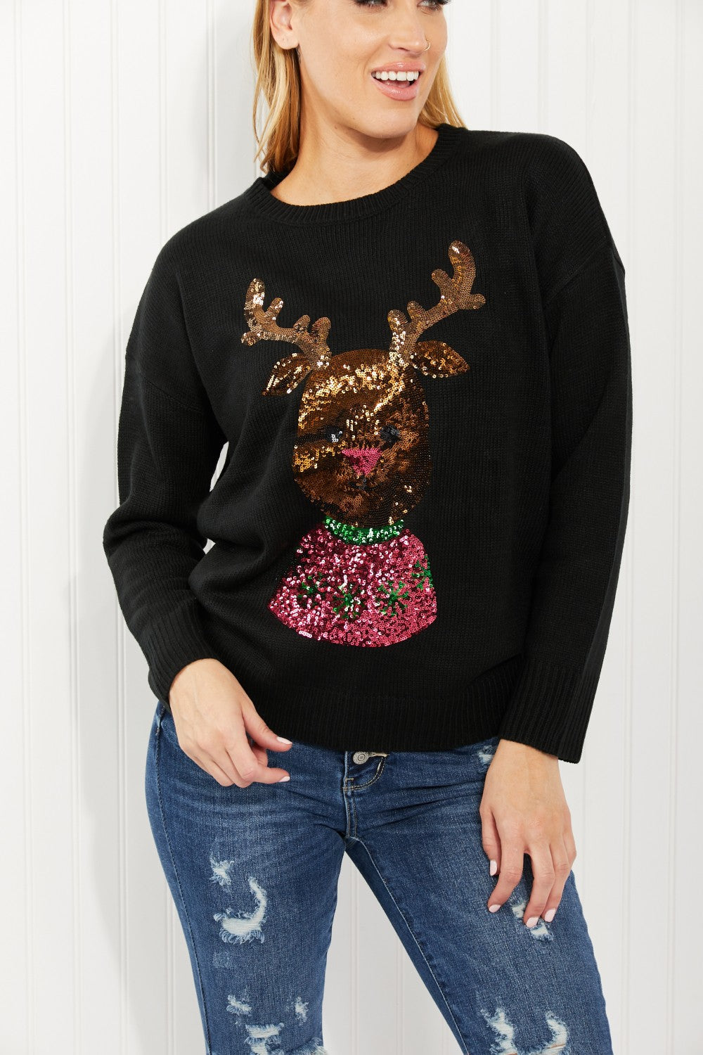 Christmas Rudolph Full Size Sequin Sweater