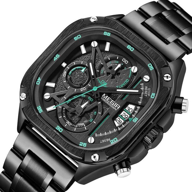 Waterproof Black Quartz Square Dial Men's Wristwatch with Chronograph & Luminous Hands