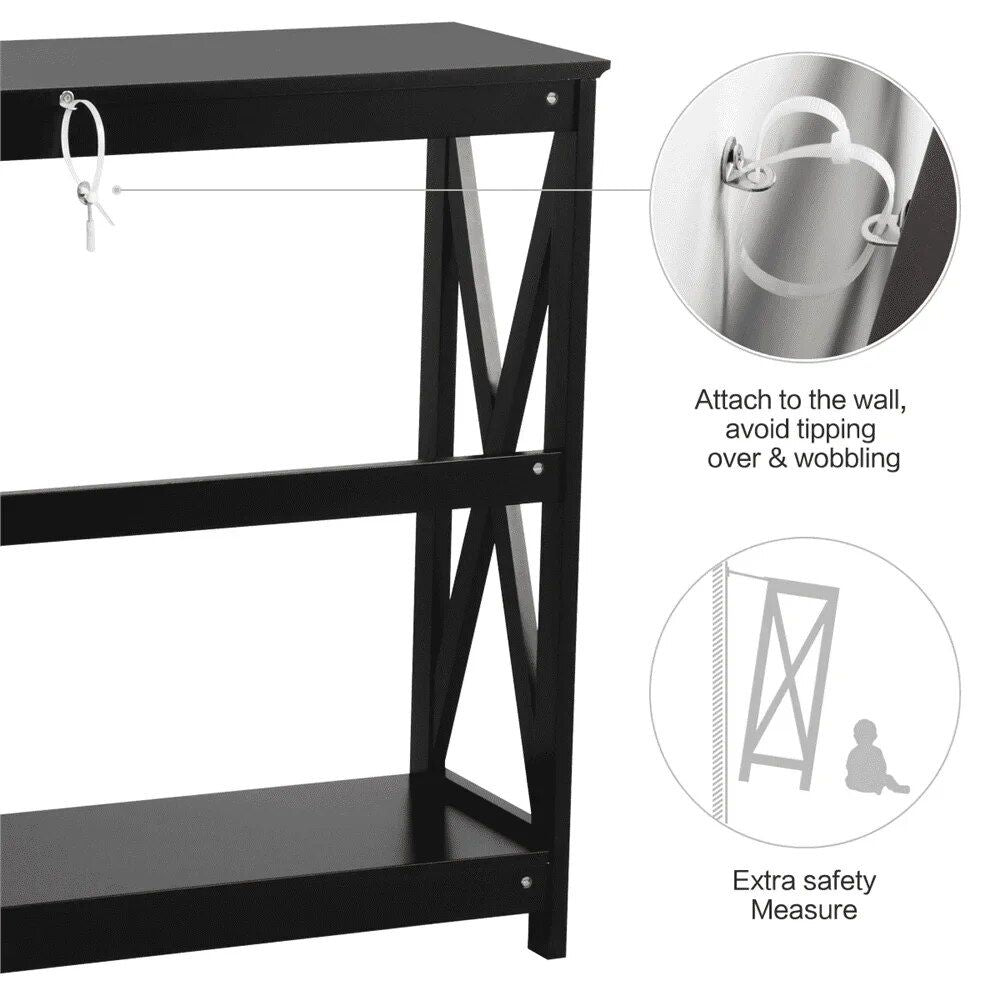 Elegant 2-Tier Black Wood Console Table with X Design and Storage Shelf