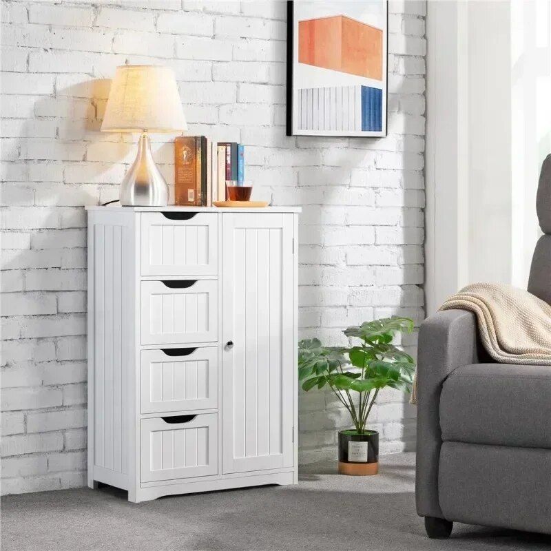 Elegant Wooden Bathroom Storage Cabinet with Drawers and Cupboard