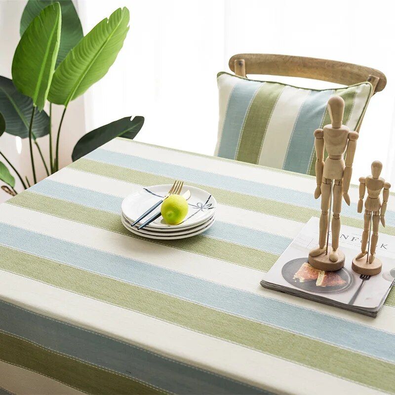 Green Striped Cotton Linen Tablecloth with Tassel Hem