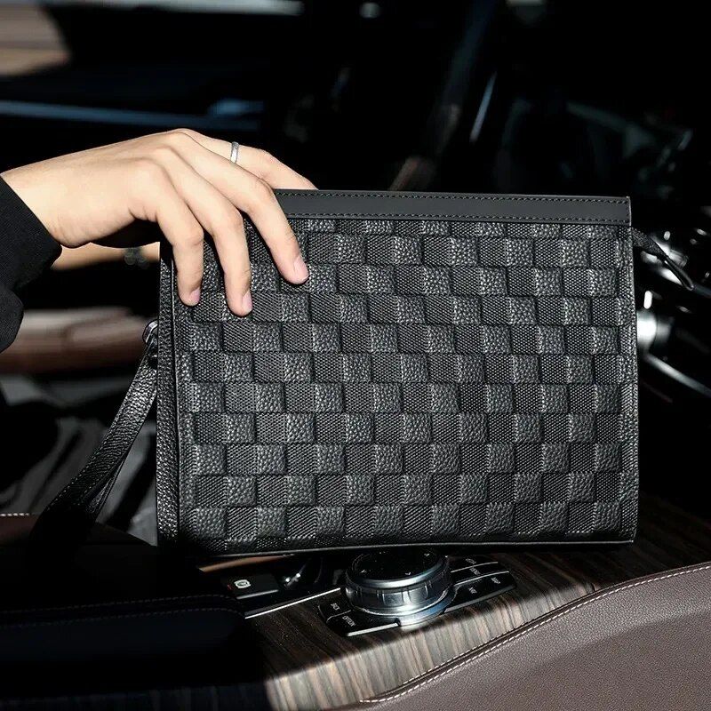 Men's Plaid Genuine Leather Clutch Bag