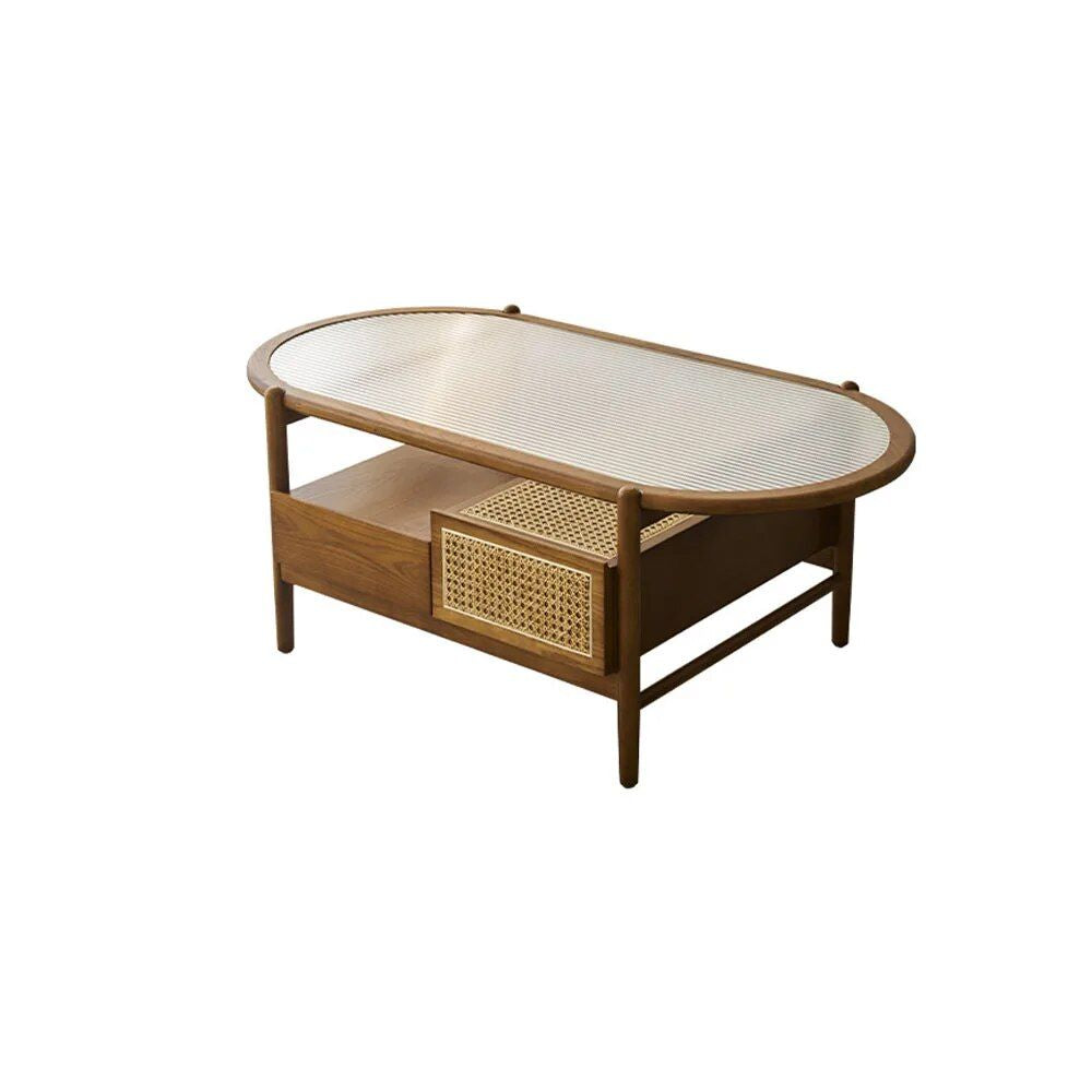 Modern Oval Ash Wood Tea Table with Rattan Weave and Storage