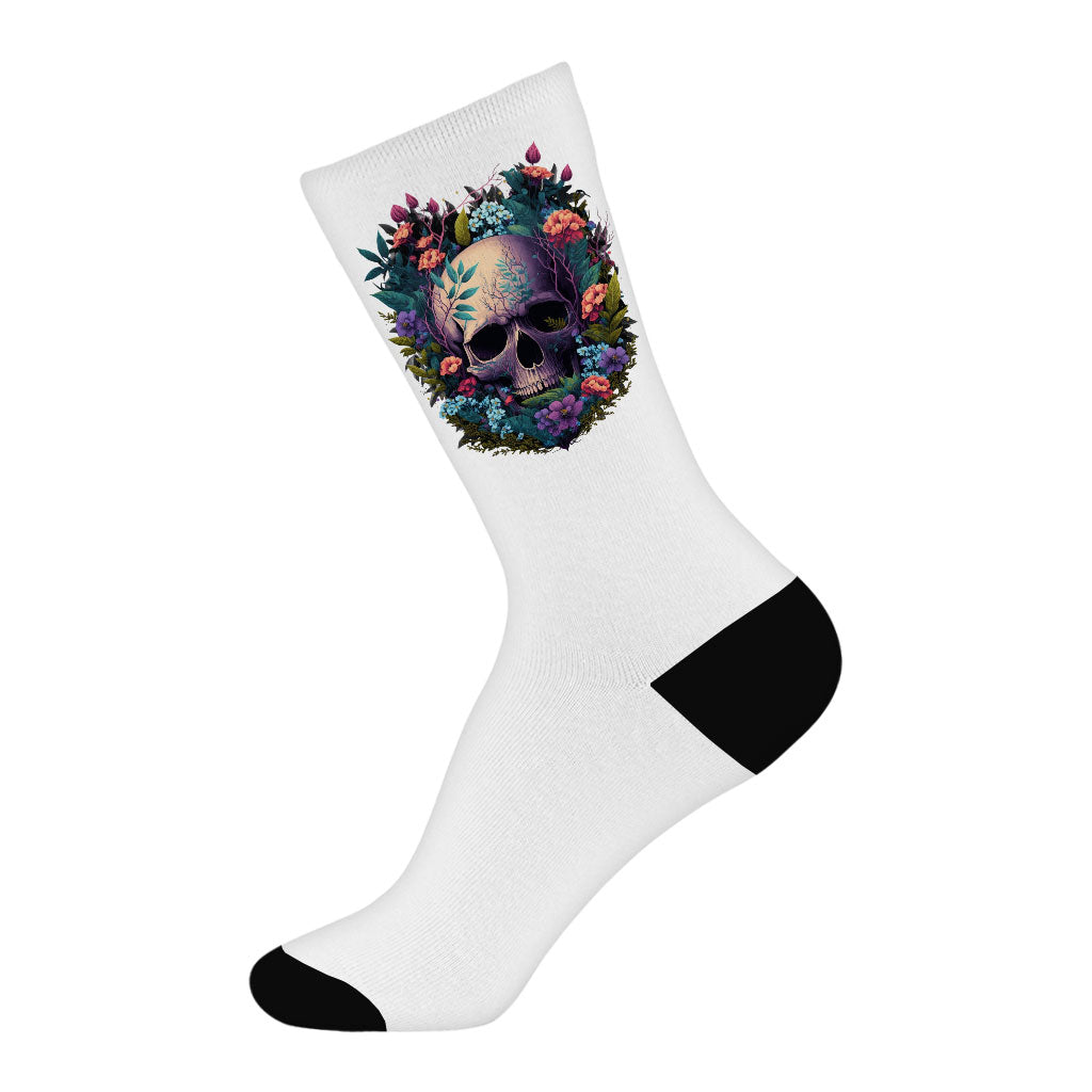 Floral Skull Socks - Gothic Novelty Socks - Cool Crew Socks