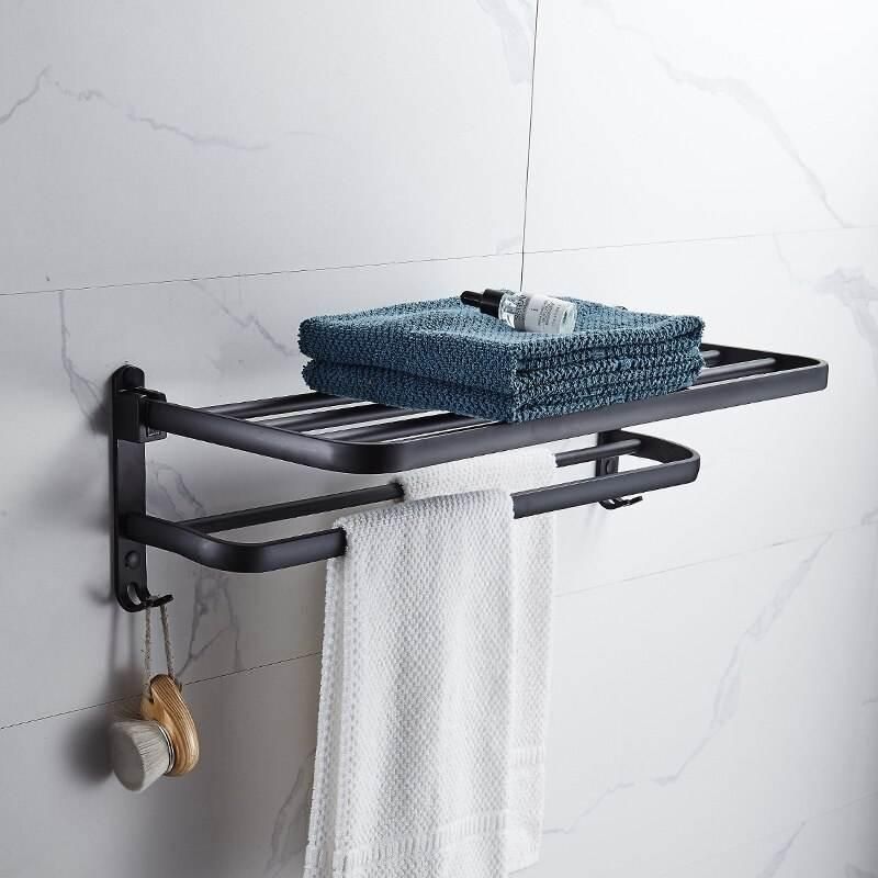 Matte Black 50CM Folding Wall-Mount Aluminum Towel Rack with Hook