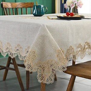 Elegant Beige Embroidered Lace Tablecloth