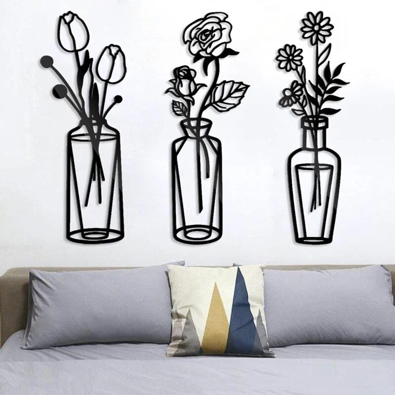 Elegant Black Iron Flower Wall Art - Minimalist Metal Vase Decor for Home & Office